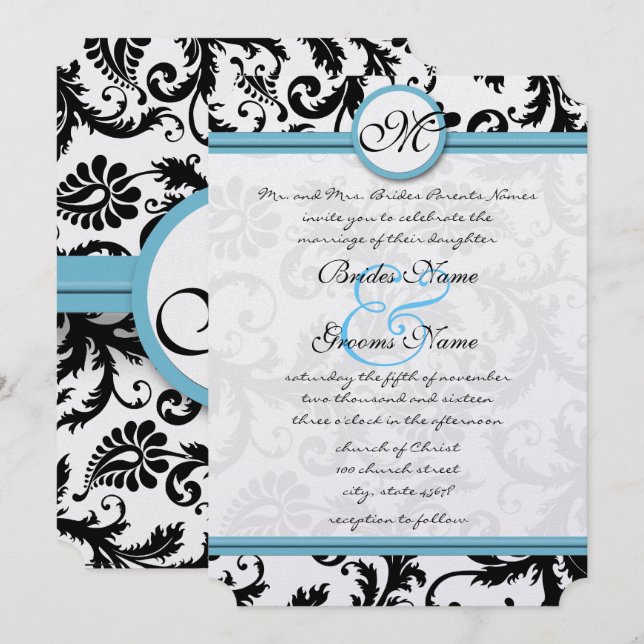 Faire-part de mariage Blue Damask Fils 5 x 7 (Devant / Derrière)