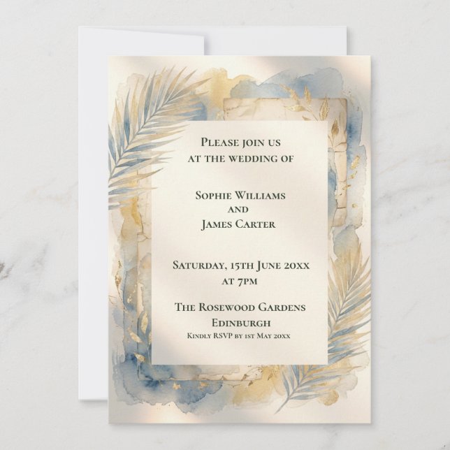 Faire-part de mariage Blue Gold Palm (Devant)