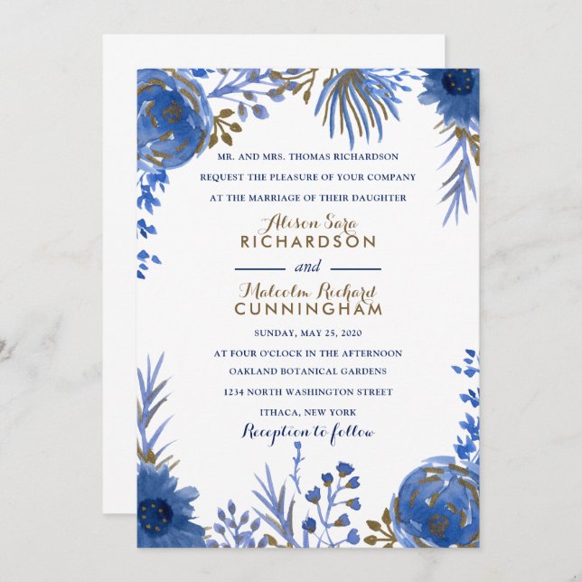Faire-part de mariage Blue Gold Watercolor (Devant / Derrière)