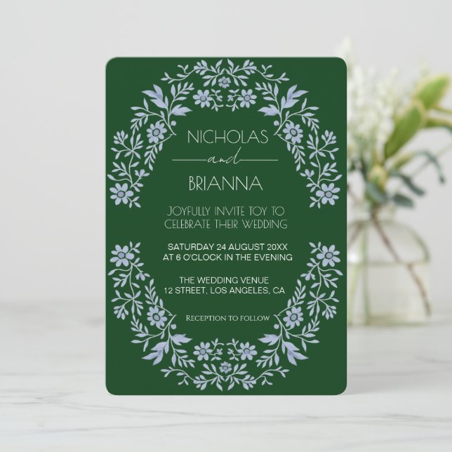 Faire-part de mariage bohème à fleur sauvage vert  (Debout devant)