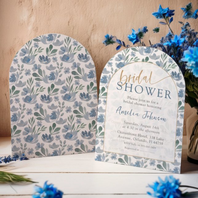 Faire-part de Mariage Bohème Arqué Fleurs Bleu Pou (Créateur téléchargé)