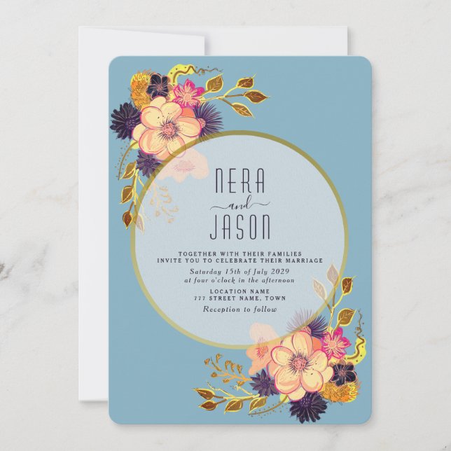 Faire-part de mariage bohème chic en fleurs dorées (Devant)