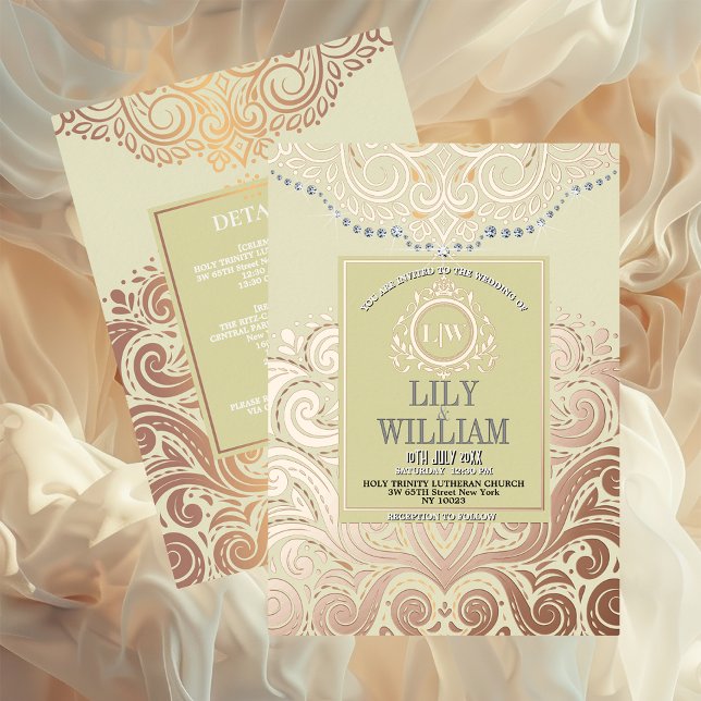 Faire-part de mariage Bohème Classique RoseGold Mo (Luxurious Elegant Classic Boho Wedding Invitation - Real Foil and Monogram)