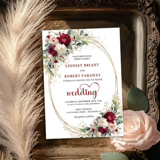 Faire-part de mariage bohème élégant avec fleurs d (Burgundy Floral Elegant Boho Wedding Invitation)
