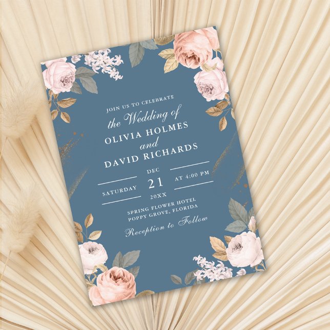 Faire-Part de Mariage Bohème Élémentaire Bleu Pivo (Boho Elemental Blue Peonies Wedding Invitation on dry palm leaf.)