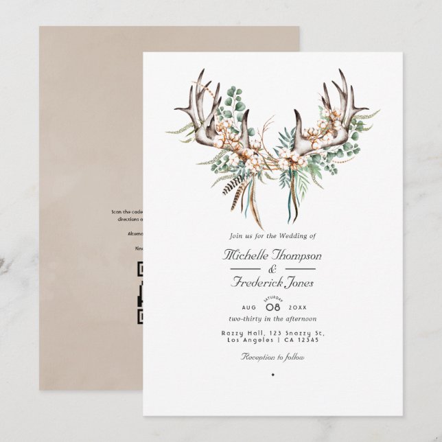 Faire-part de mariage bohème en coton et eucalyptu (Devant / Derrière)