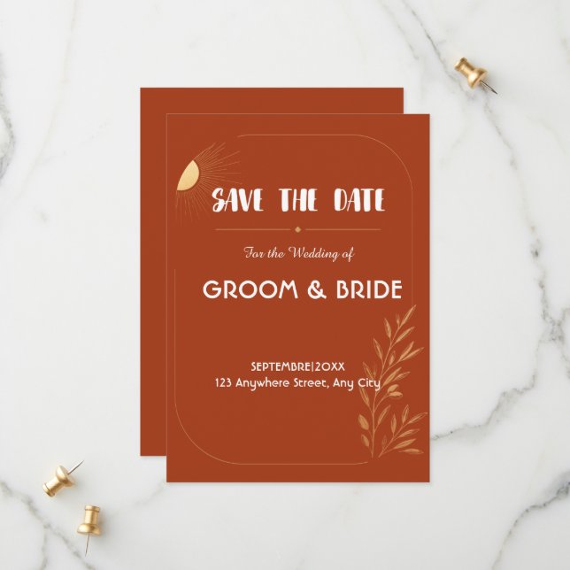 Faire-part de mariage bohème en terre cuite (Devant/Arrière en situation)
