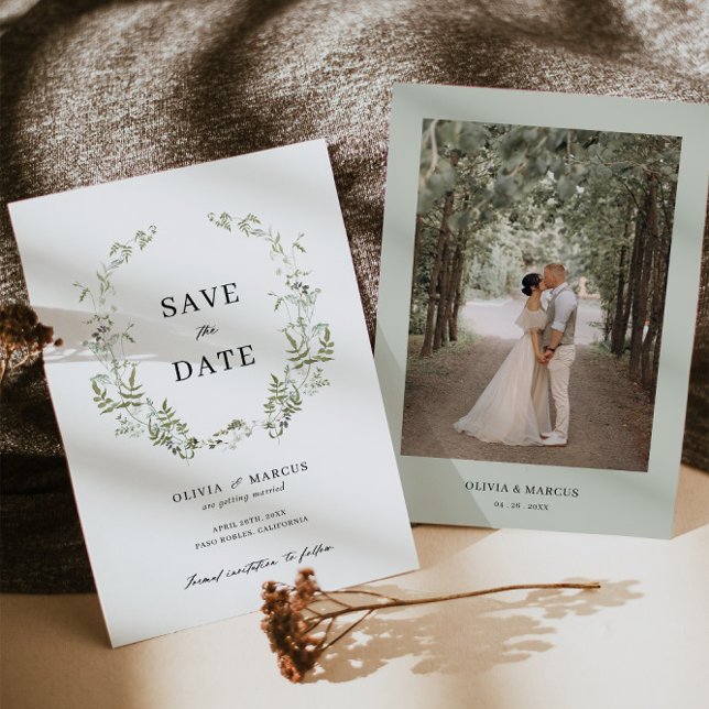 Faire-Part de Mariage Bohème Feuillage de Sauge En (Save The Date Front/Back)