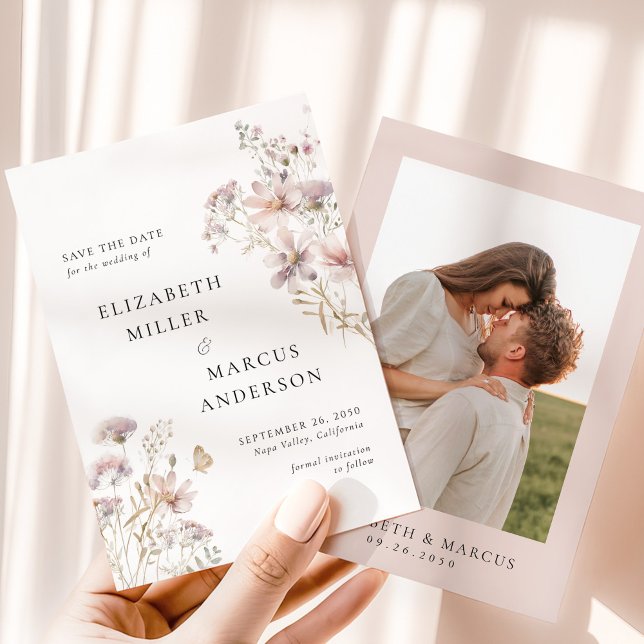Faire-part de mariage Bohème Fleur de jardin Rose  (Blush floral save the date card with couple photo and elegant typography wedding stationery)