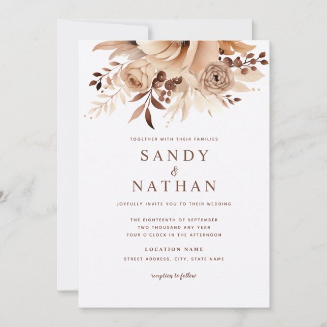 Faire-part de mariage bohème floral beige (Devant)