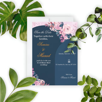 Faire-part de mariage bohème floral bleu élégant