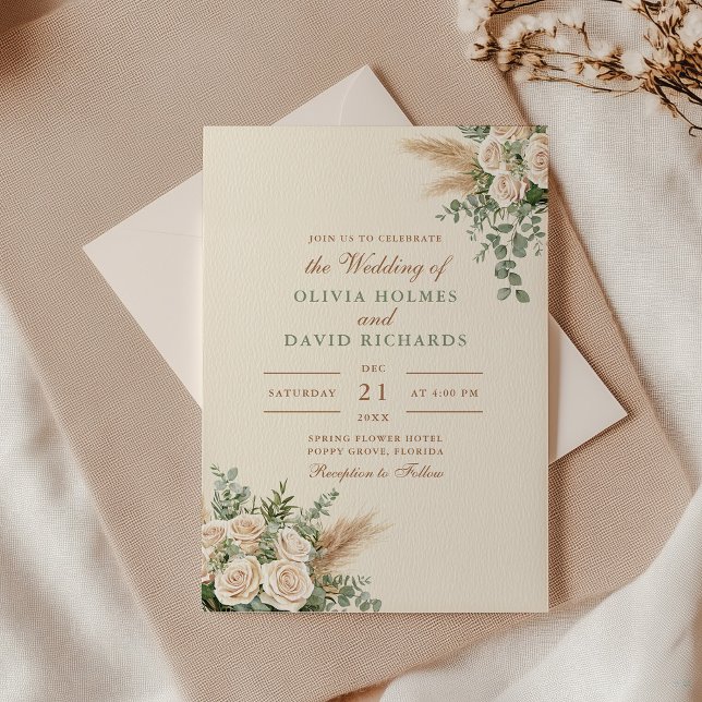 Faire-part de mariage Bohème herbe de Pampas beige (Modern Boho Pampas Grass & White Rose Wedding Invitation with an envelope on an elegant table)