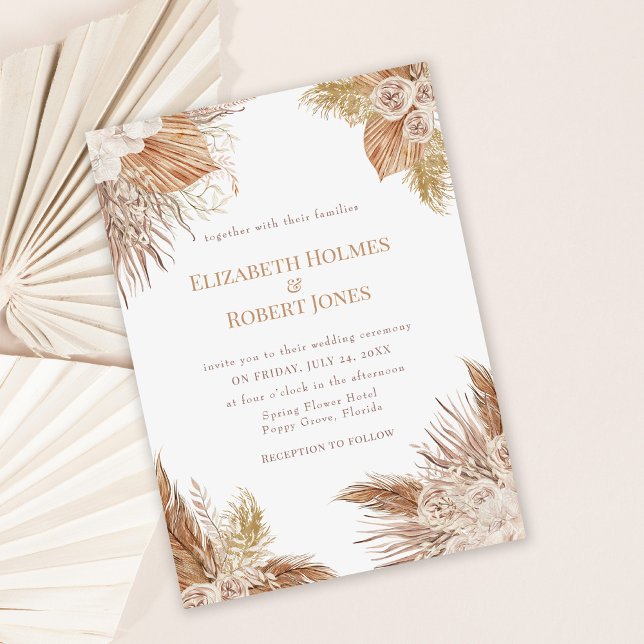Faire-Part de Mariage Bohème Jardin de Pampas (Boho Pampas Garden wedding invitation on dusty rose background)