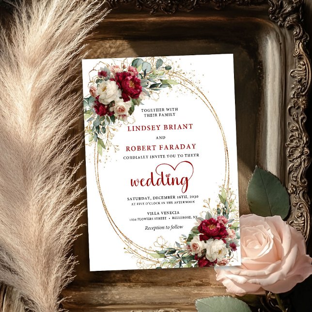 Faire-part de mariage bohème or et bordeaux (Burgundy Blush Floral Gold Boho Wedding Invite)