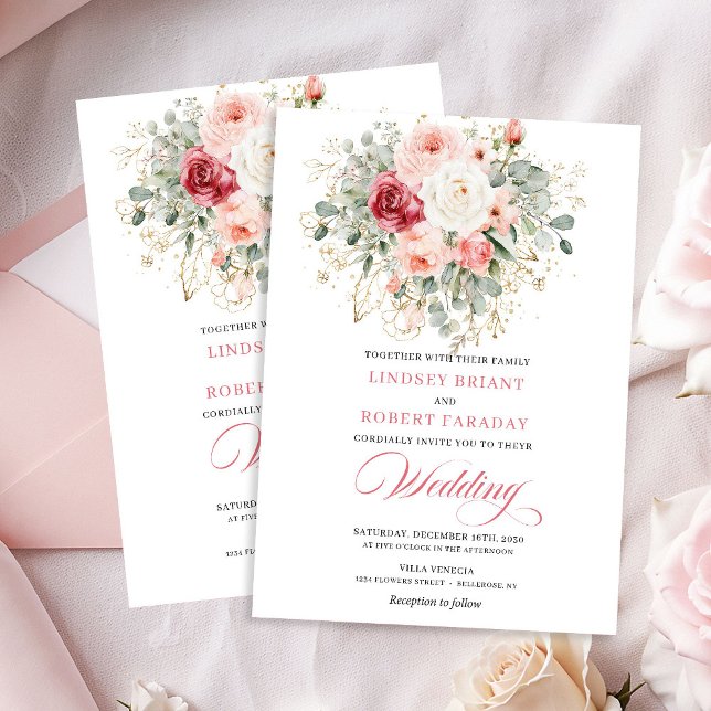 Faire-Part de Mariage Bohème Roses Écarlates Inspi (Nature-Inspired Blush Roses Boho Wedding Invite)