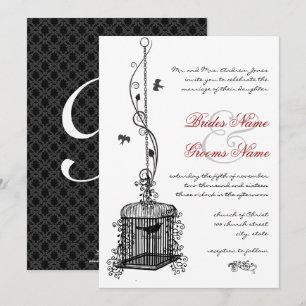 Faire-part de mariage bohème rouge cage à oiseaux