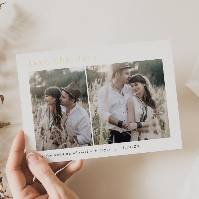 Faire-part de mariage bohème rustique en feuille d (EMELIA Gold Foil Rustic Boho Wedding Save the Date Foil Invitation)