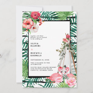 Faire-part de mariage bohème tropical flamant rose