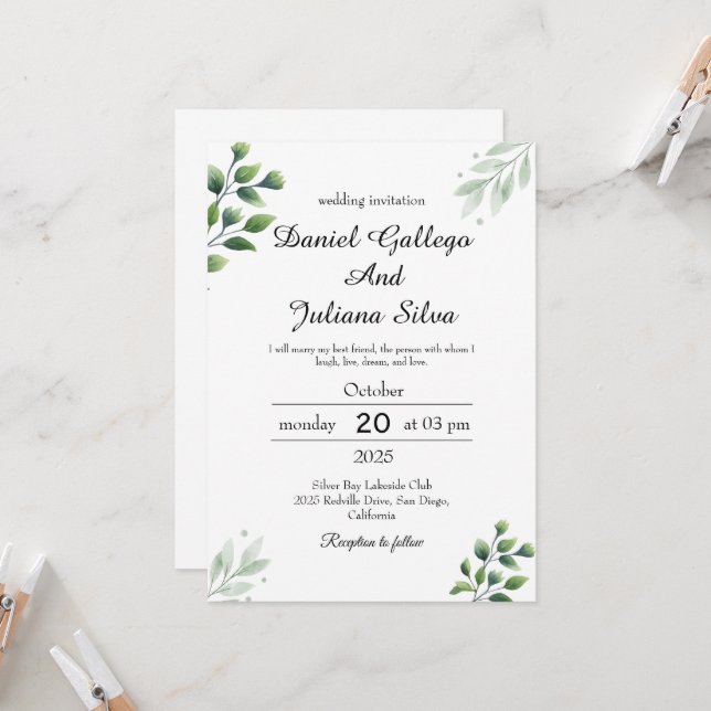 Faire-part de mariage Bohème verdure (Devant/Arrière en situation)