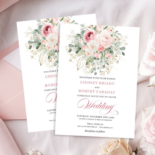 Faire-part de mariage Bohemian Blush Roses Paillet (Bohemian Blush Roses Gold Glitter Wedding Invite)