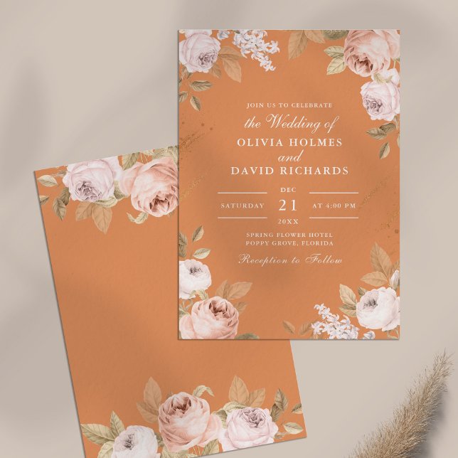 Faire-part de mariage Boho Abricot Pivoines (Boho Apricot Peonies Wedding Invitation on a neutral table)