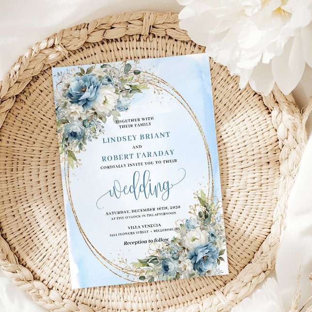 Faire-part de mariage Boho aquarelle fleurs bleues (Boho Watercolor Blue Flowers Gold Wedding Invitation)