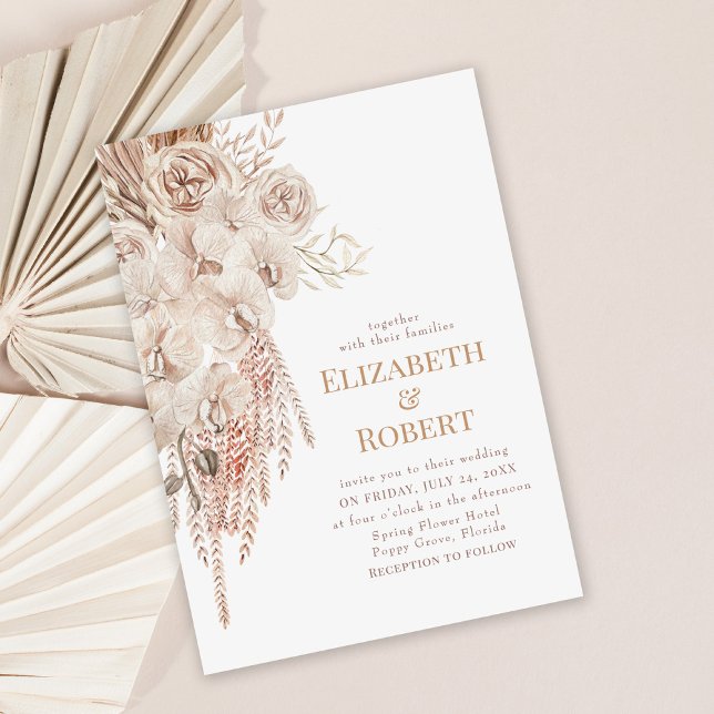 Faire-part de mariage Boho Blush Pink Orchid Peoni (Boho orchid wedding invitation on dusty rose palm leaves background)