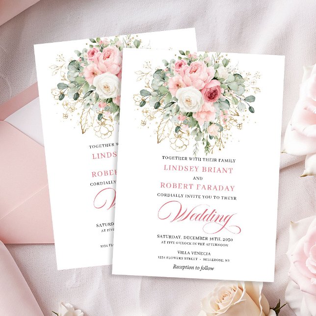 Faire-part de mariage Boho Blush Pivoines Végétal  (Boho Blush Peonies Greenery Gold Wedding Invitation

)