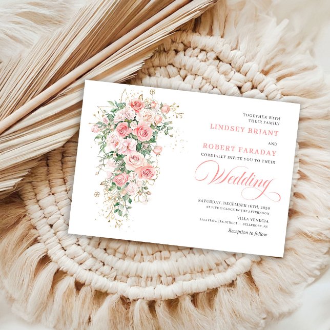 Faire-part de mariage Boho Blush Roses Verdure Or (Boho Blush Roses Greenery Gold Wedding Invitation)