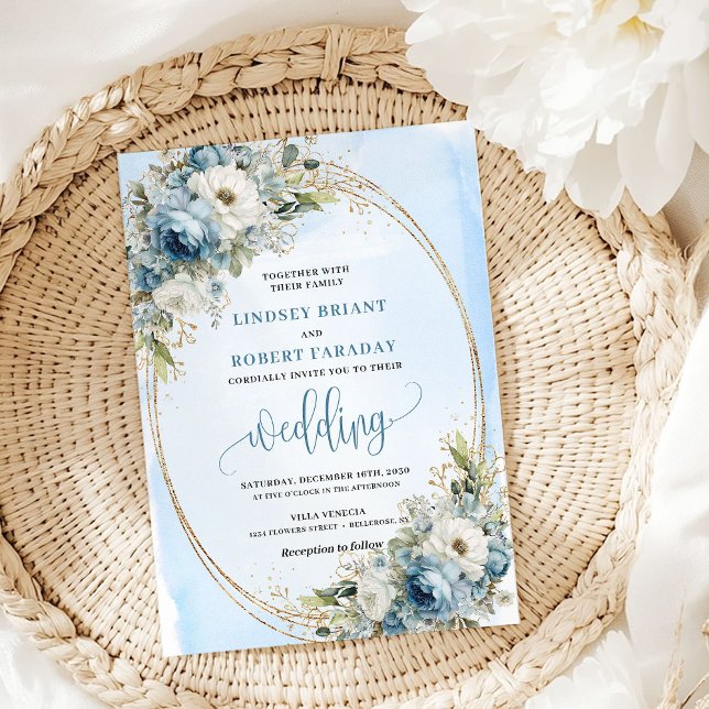 Faire-part de mariage Boho Dusty Blue Floral Or (Boho Dusty Blue Floral Gold Wedding Invite)