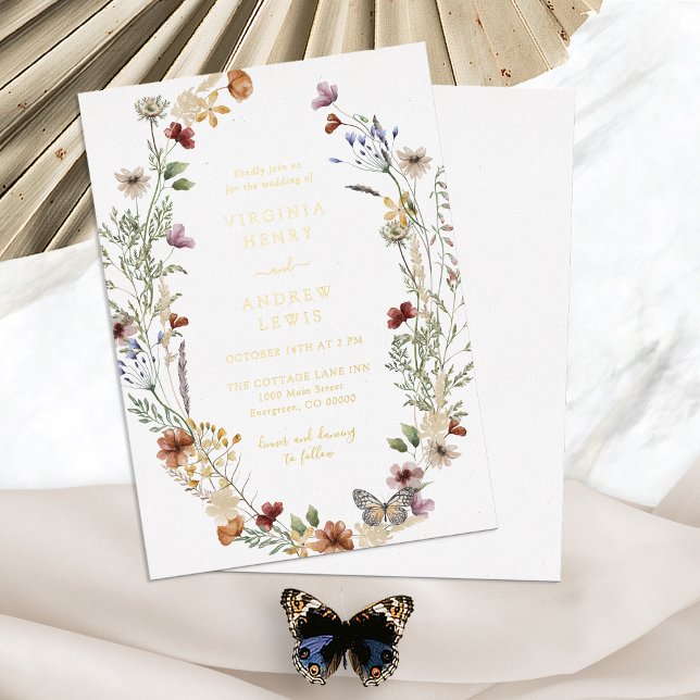 Faire-part de mariage Boho Gold en feuille d'or (Elegant White Wildflower Boho Gold Wedding Foil Invitation by Painted Paperie
)