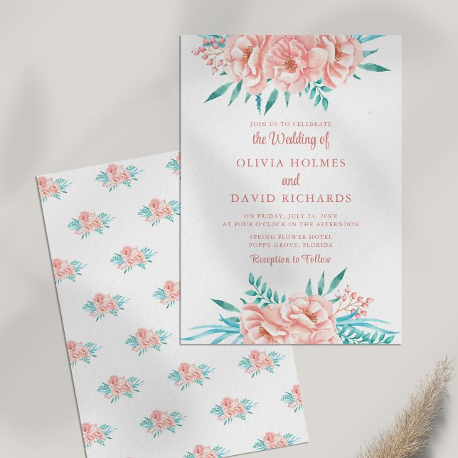 Faire-part de mariage Boho Peach et floral Tosca (Boho Peach and Tosca Floral Wedding Invitation on white table.)