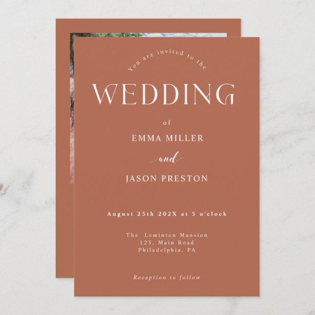 Faire-part de mariage Boho terracotta avec photo (Devant / Derrière)