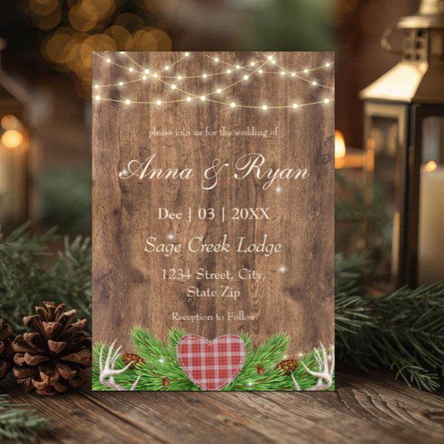 Faire-Part de Mariage Bois Rustique | Cœur à Carre (Rustic woodland wedding invitation with pine greenery, plaid heart, and cozy lodge charm.)