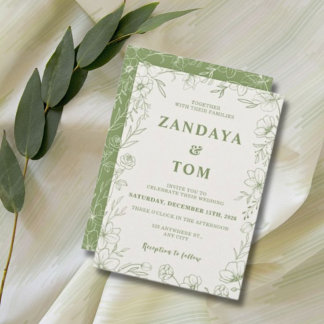 Faire-part de mariage bordé de fleurs vertes et cr