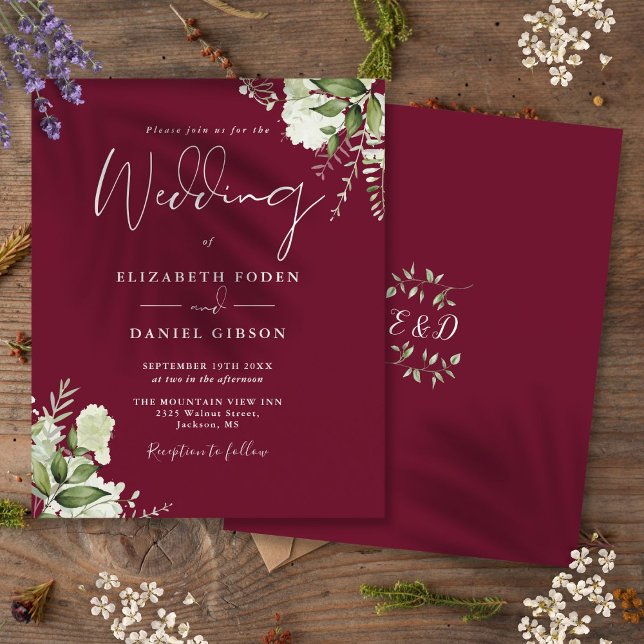 Faire-part de mariage bordeaux Budget Greenery (Budget Greenery Burgundy Wedding Invitation)