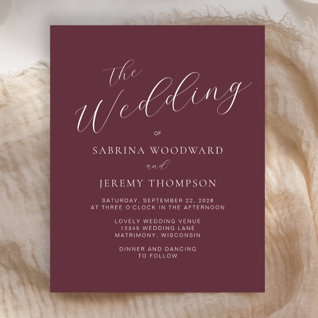 Faire-part de mariage bordeaux calligraphie modern (An elegant choice for a wedding with a burgundy color palette.)