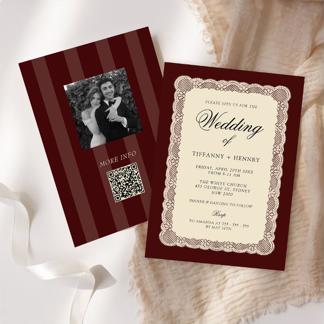 Faire-part de mariage bordeaux dentelle vintage (Créateur téléchargé)
