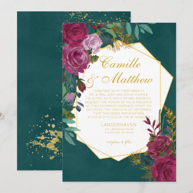 Faire-part de mariage bordeaux et émeraude (Devant / Derrière)