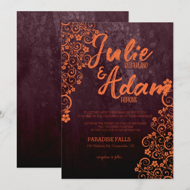 Faire-part de mariage bordeaux et orange (Devant / Derrière)