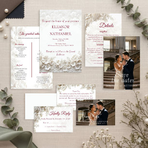 Faire-part de mariage bordeaux floral blanc 3D