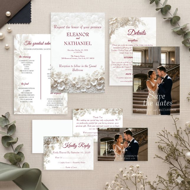Faire-part de mariage bordeaux floral blanc 3D (Créateur téléchargé)