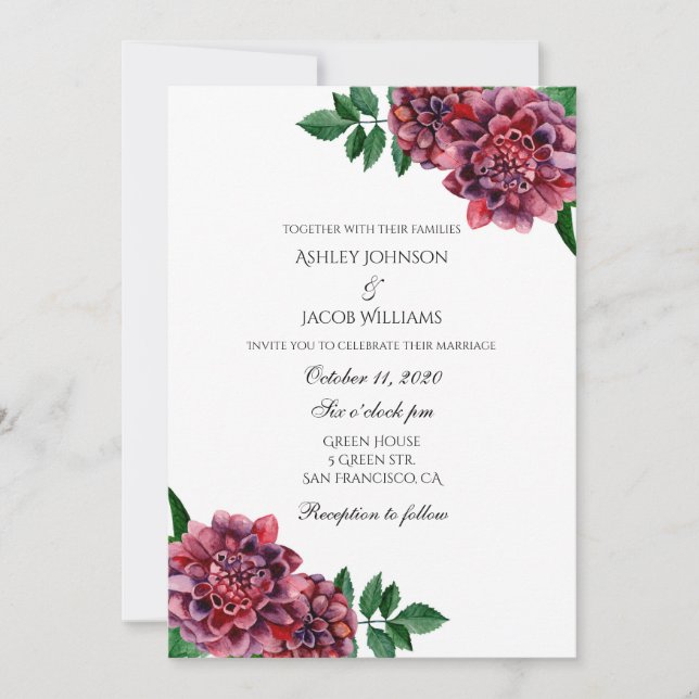 Faire-part de mariage bordeaux floral. Dahlias inv (Devant)