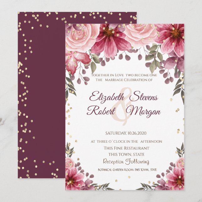 Faire-part de mariage bordeaux floral diamants or (Devant / Derrière)