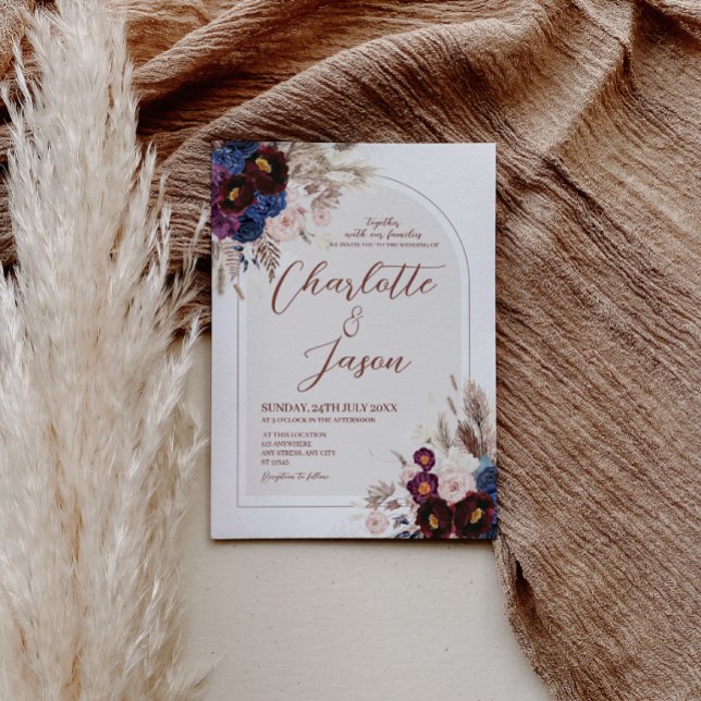 Faire-part de mariage bordeaux marine marron blush (Burgundy Navy Maroon Blush Wedding Invitation Card)