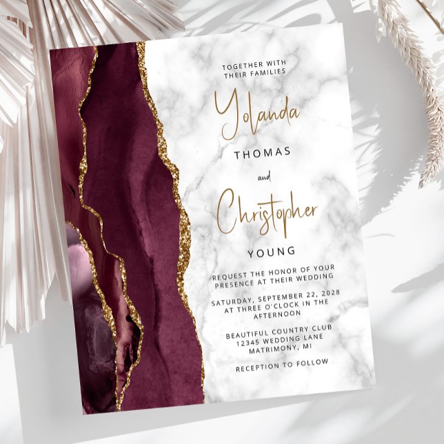 Faire-part de mariage bordeaux or marbre agate Bud (Créateur téléchargé)