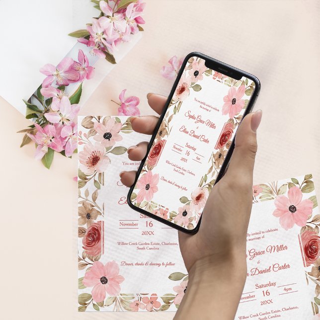 Faire-part de mariage Bordure de jardin floral ros (Blush Floral Garden Border Wedding Invitation)