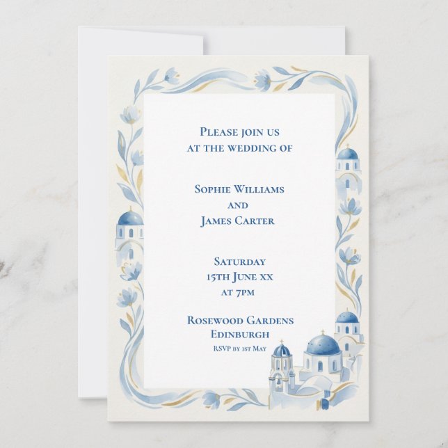 Faire-part de mariage bordure Égée Santorin (Devant)