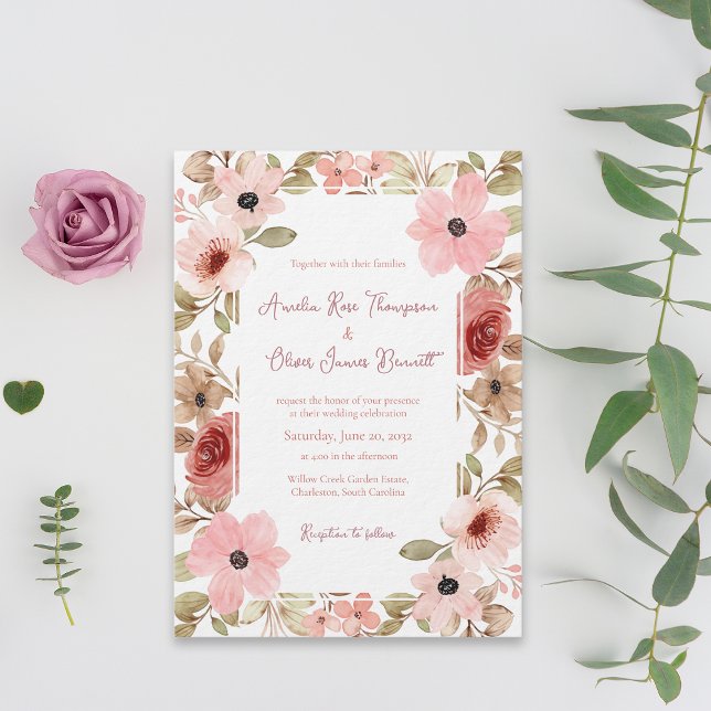 Faire-part de mariage bordure florale de jardin ro (Romantic Garden Floral Border Wedding Invitation)