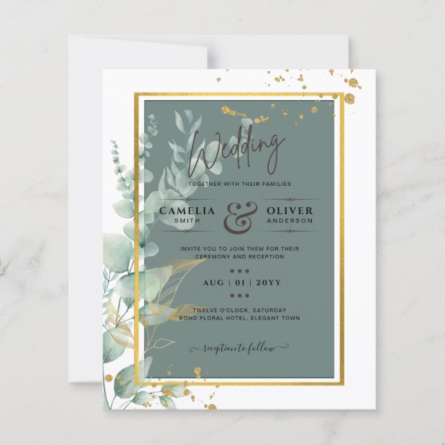 Faire-Part de Mariage Botanical Green Gold Sage (Devant)